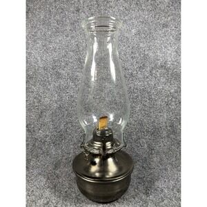 Vintage Lamplight Farms Oil Lamp Brushed Pewter Metal Base Clear Glass Chimney